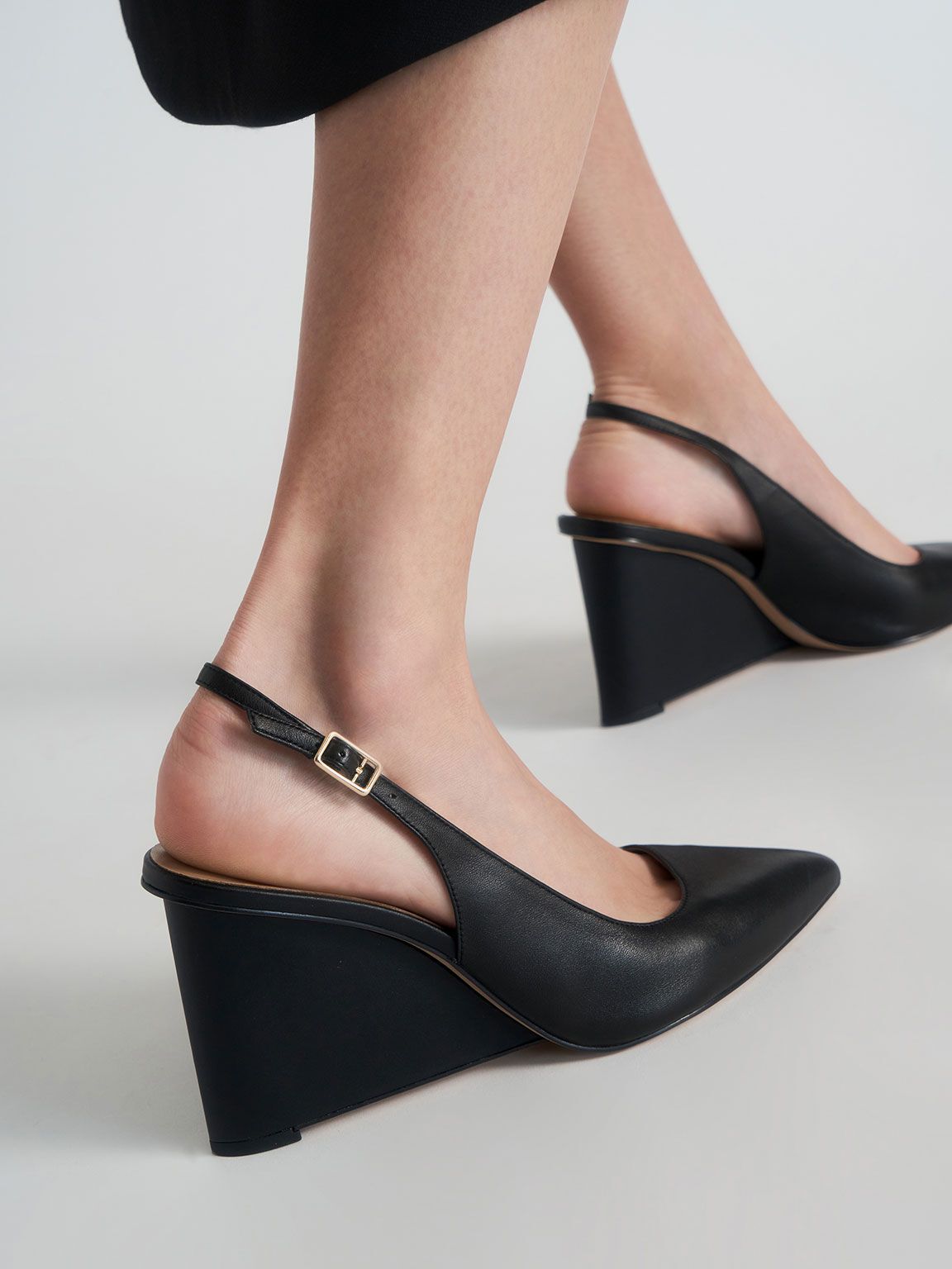 Leather Pointed Toe Slingback Wedges